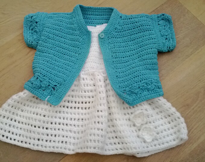 Girls Turquoise Cardigan, White Dress & Handbag, Crochet, Ready to ship Gifts for girls, White Purse, Girls Sweater, Dress, Blue Handbag