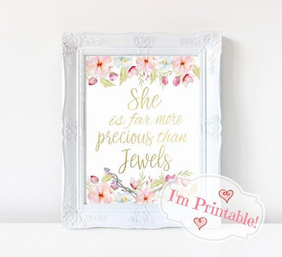 Watercolor Wall Art Printable, Gold Foil Typography Print, "She Is Far More Precious Than Jewels," Wall Prints, Wall Art, Art posters