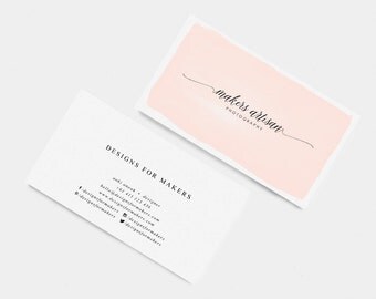 Pink Watercolor Business Card - Premade Business Cards - Modern Calligraphy Logo Long Cursive Swashes - Minimal Design - Elegant Typography