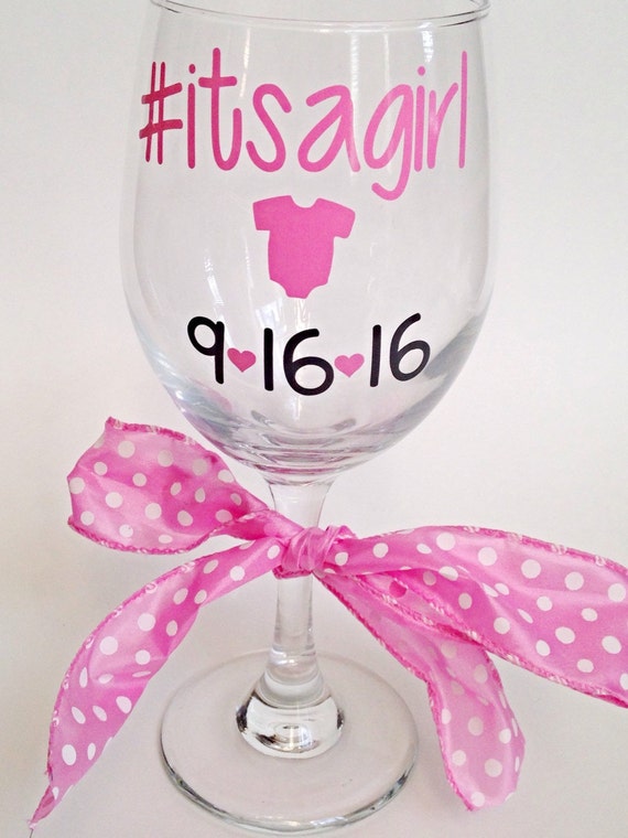 Baby reveal wine glass with hashtag baby gender reveal glass