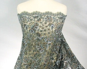French Couture lace-Dove grey-MOP sequins-Dentelle de Callais-Solstiss-Designer lace-Glass Pearls-Hand embroidered-French lace-No 61