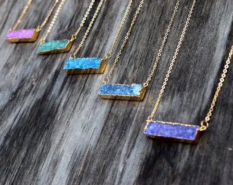 Sideways Bar Druzy Necklace, Geometric Rectangle Druzy Bar, Horizontal Black Blue Purple Bar Druzy, Raw Crystal, Natural Stone Quartz Drusy