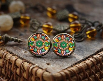 Mexican Art stud earrings, Mexican Folk Art, Mexican Jewelry, Mexican earrings, Mexican Ornamental, antique brass earrings, post earrings,