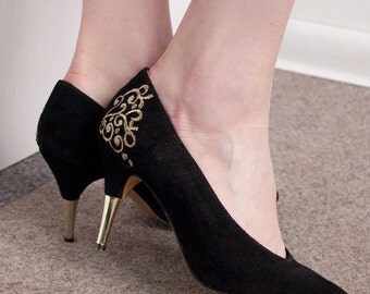 Items similar to Glamorous Vintage 1940s 40s Black Suede High Heel Platform Mules Shoes with 