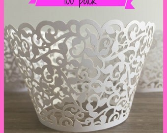 100 Wedding Cupcake Liners Laser Cut - Lace Cupcake Liners - Filigree Cupcake Liners Engagement White Cupcake Liners Bridal Shower Cupcake