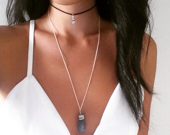 Kyanite Crystal / Swarovski Charm Double Layered Choker / Necklace
