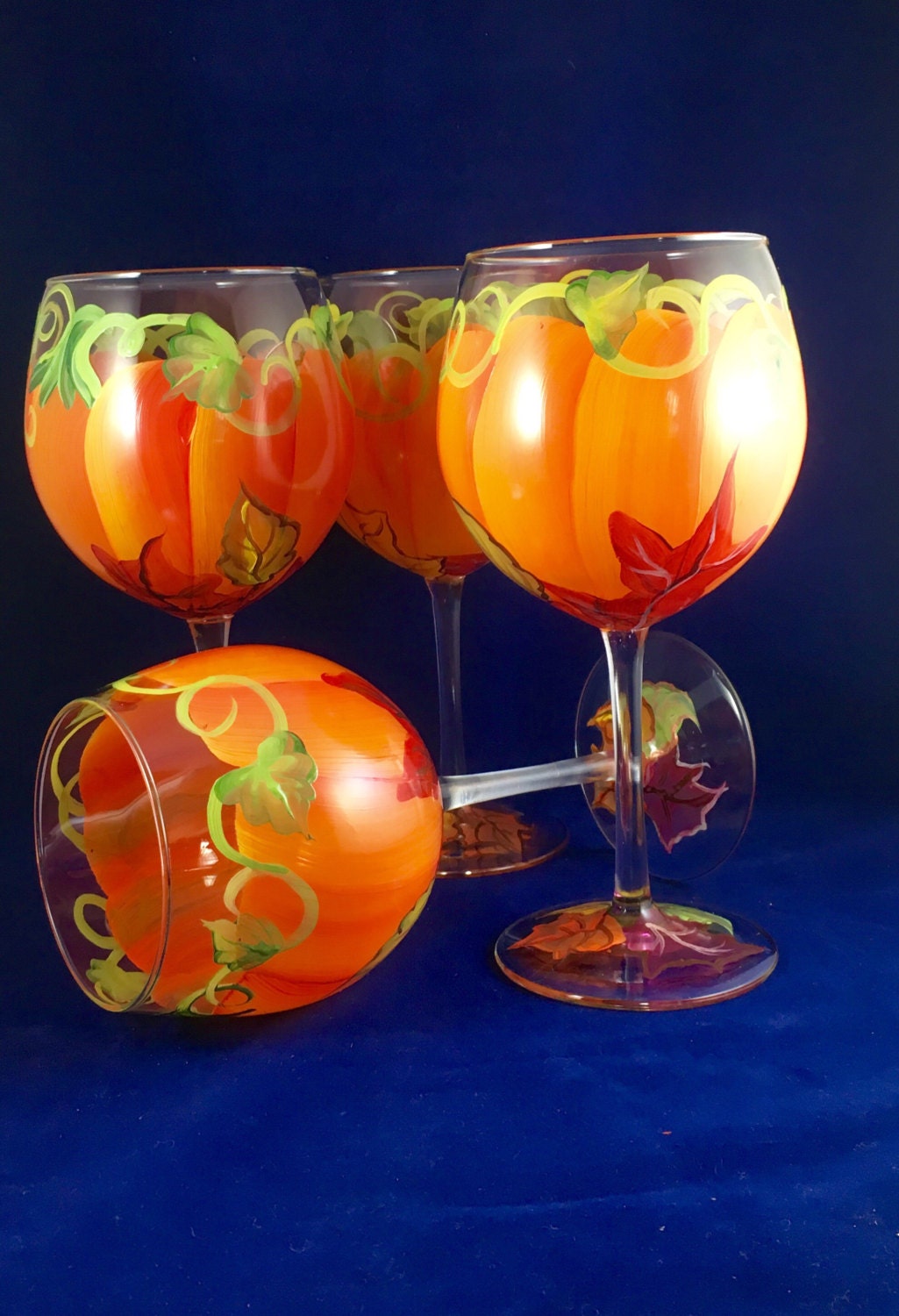 Pumpkin wine glasses set of four painted to look like a