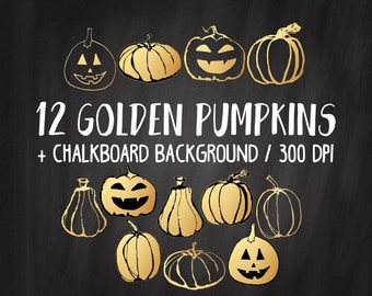 SALE Gold Pumpkin Clipart, Gold Halloween Clipart, Gold Foil Pumpkins, Commercial Use, Handdrawn Pumpkins, Gold Autumn, Gold Fall Clipart