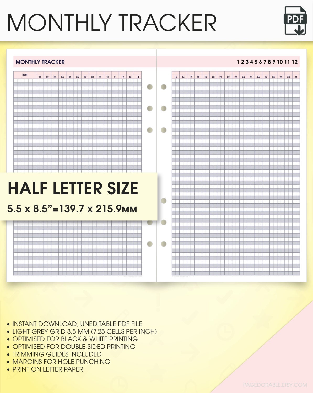 Monthly tracker printable half size inserts mo2p habit