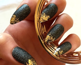 Luxe Gold-Tipped Black Fake Nails - Kitten Claws - Talon/Stiletto Nails - Press-On Nails - Drag Queen - Glue On Gel Nails - Great for Gifts!