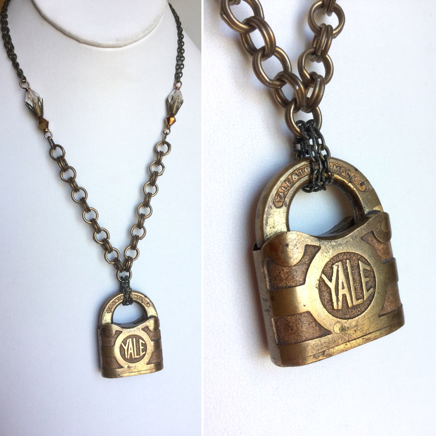 Antique Brass Padlock Pendant Necklace Handmade Vintage