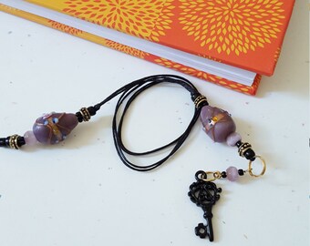 Beaded Bookmark Black Skeleton Key/ Lavender And Gold/ Glass And Metal Beaded Cotton Cord With Metal Charm/ Book Lover/ Journal Marker