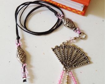 Pink Fan Beaded Bookmark/ Silver And Pink Glass And Metal Beaded Cotton Cord With Metal Charm/ Journal Marker/ Book Lover