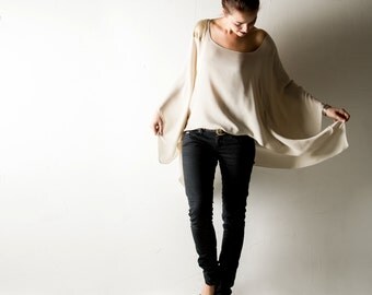 Oversized top, Silk top, Silk blouse, Silk shirt, Kaftan, Tunic, Women clothing, Plus size top, Batwing top, sequin top, ivory shirt