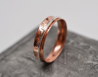 Narrow textured copper & argentium sterling silver wire bands minimalist spinner ring