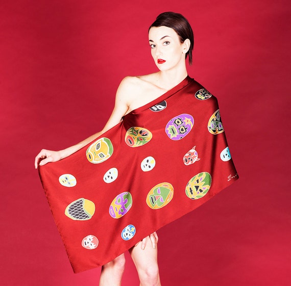 Mexican Wrestler Mask Hand Painted Silk. 35 Lucha libre masks. Wearable Art Silk batik. Painted on Charmeuse Silk. Size 21"x72".