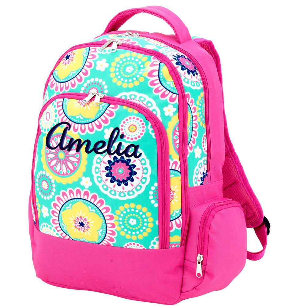 Girls Monogram Backpack Floral Mint Hot Pink School