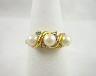Vintage Faux Pearl Rhinestone Ring Goldtone Restored Size 7 1/2