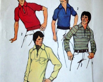 Men's Stretch Knit Shirt, Simplicity 6694 Vintage 70's Sewing Pattern, Size Large, Chest 42-44, Uncut FF, Retro
