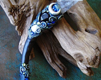 Magic Crystal Wand Quartz Moonstone Black Druzy Pagan Altar Art Reiki Ritual Wiccan Blesbok Horn Magick JUPITER SUPREME by Spinning Castle