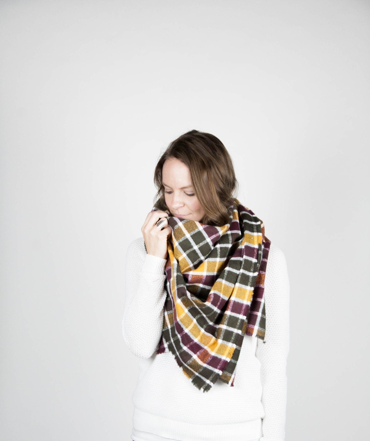 Large Blanket Scarf Fringe Plaid Flannel Scarf / Cider / by ozetta