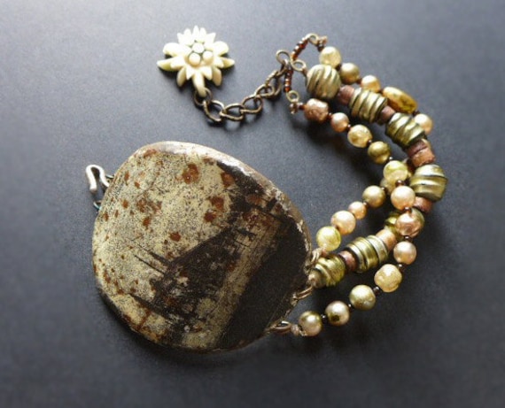 Rotterdam. Rustic assemblage bracelet with salvaged tin and vintage glass pearls. 