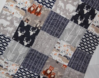 baby boy quilt- woodland baby quilt- elk baby quilt- navy and gray minky baby quilt- baby bedding- arrow baby quilt- navy baby bedding