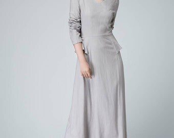 Light gray dress, linen dress, maxi dress, spring dress, fitted dress, elegant dress, party dress, womens dresses, patchwork dress(1461)