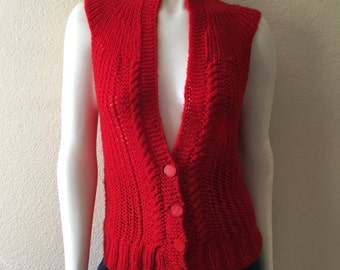 Vintage Women's 70's Boho Sweater Vest, Red, Sleeveless, Acrylic (S/M)