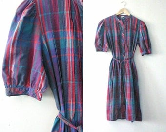 Vintage 80s plaid dress / Hipster plaid cotton day dress / Summer frock dress