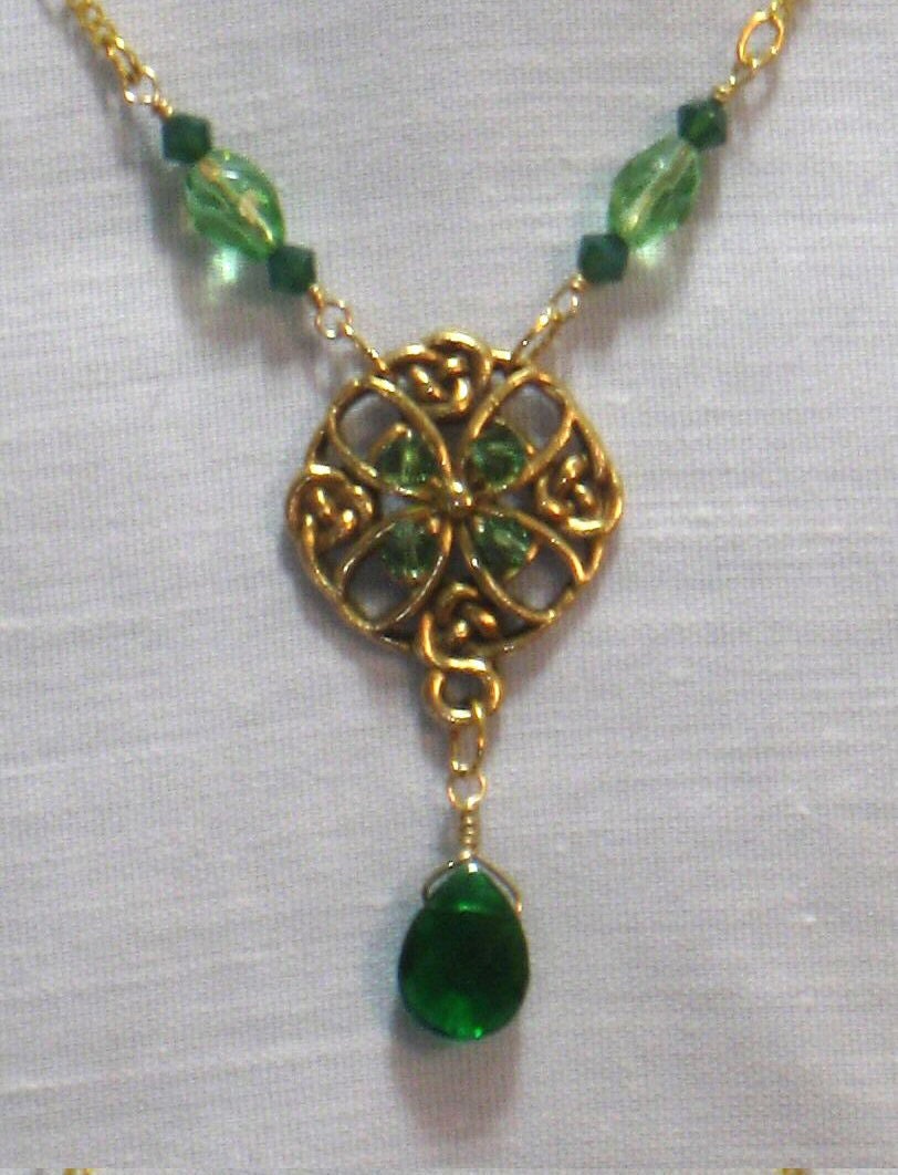 Celtic Necklace Green Beaded Necklace IRISH GOLD Handmade