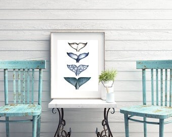 Four Whale Tails Watercolor Print, Whale art, Watercolour Whales, Humpback Whale, Orca, Gray Whale, Sperm Whale Print, Whale painting