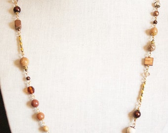 Handmade Long Brown Necklace Brown Beaded Necklace Cream