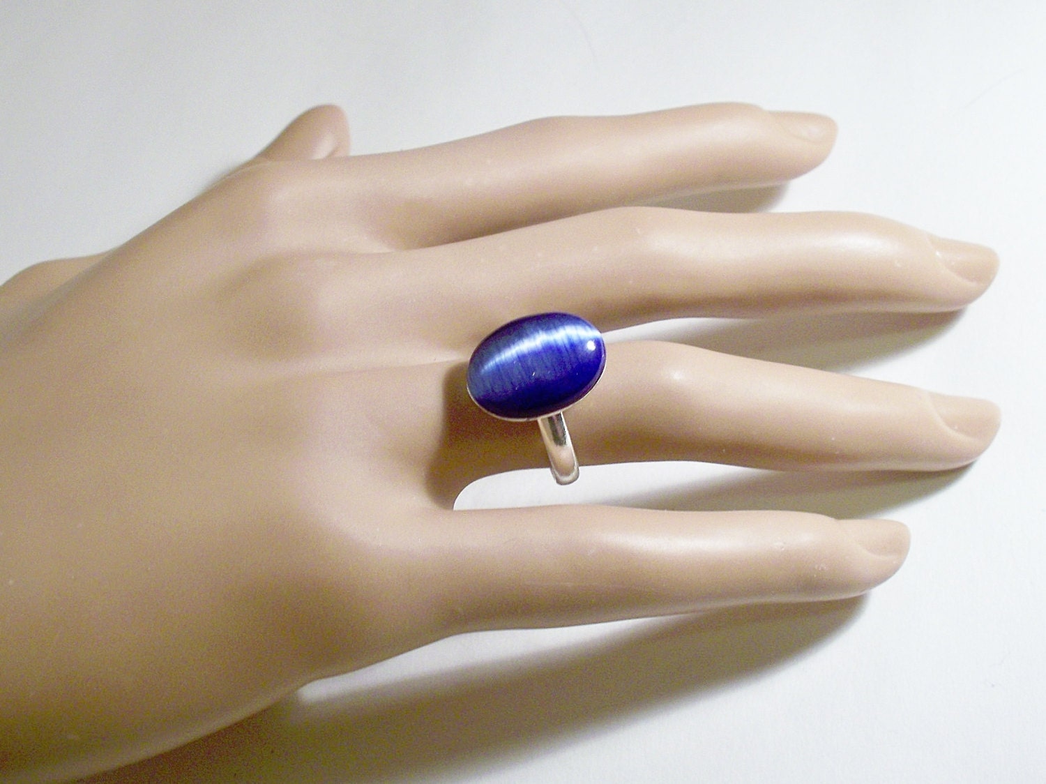 Sapphire Blue Cat's Eye Glass Oval Cabochon Adjustable