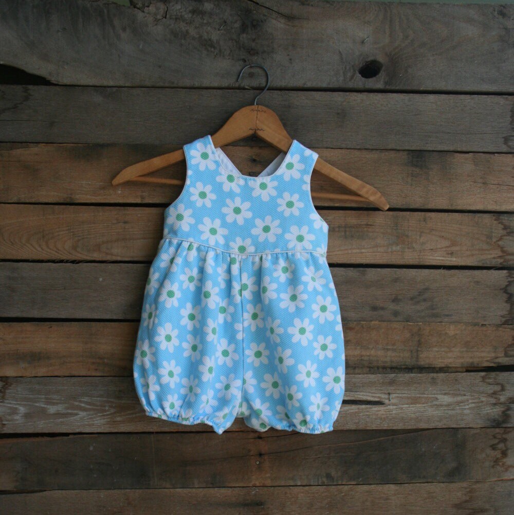 Vintage Little Girls Blue & White Floral Romper by by vintapod