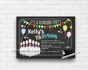 Bowling Birthday Invitations any age for kids birthday invitation chalkboard design bowling invitation design fun party for boy - card 426