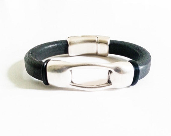 Black Leather Bracelet, Leather Black Bracelet, Black Leather Silver Bracelet, Leather Silver Bracelet, Leather Bracelet, Black Leather