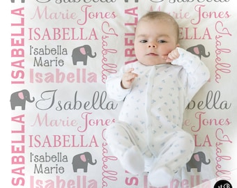 Elephant Name Blanket in pink and gray for Baby Girl, personalized baby gift, blanket, baby blanket, personalized blanket, choose colors