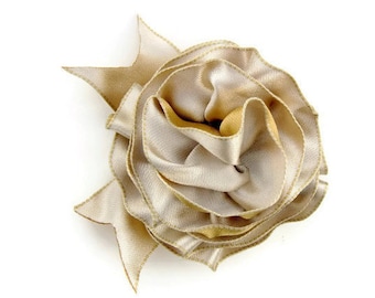 Ivory Gold Ribbon Corsage Pin, Floral Hair Accessory, Ribbon Hair Bow, Gift wrap ribbon bow, Handmade Accessory Bow, elegant ribbon bow