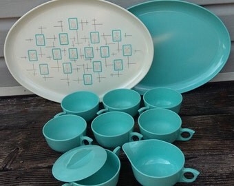 Set of Tea Cups Trays Cream and Sugar Set Miramar Melmac Dinnerware Set
