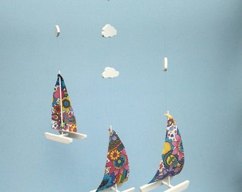 SAILBOAT CATAMARAN Mobile,Y24,Wood,Catamaran,Rainbow,Sailboat,Baby Mobile,Boat Mobile,Kinetic,Nautical,Nursery Mobile,Kid Mobile,Hobie Cat