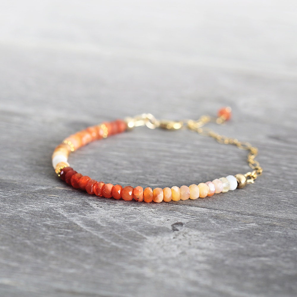 Fire Opal Bracelet - Ombre Bracelet - October Birthstone Bracelet - Red Orange Gold Colorful Bracelet For Her - Autumn Jewelry For Her