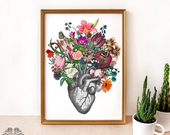 Anatomical heart and flowers - heart art print - floral heart print - vintage flowers collage - digital art print