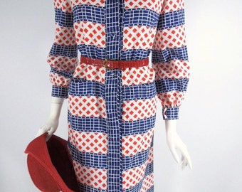 70s Patriotic Long Sleeve Shirtwaist Dress - sm, med