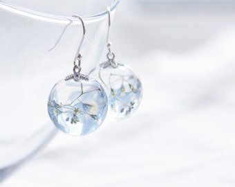 Forget-me-not earrings - Pale Blue Flowers in clear resin sphere - soft pastel light blue