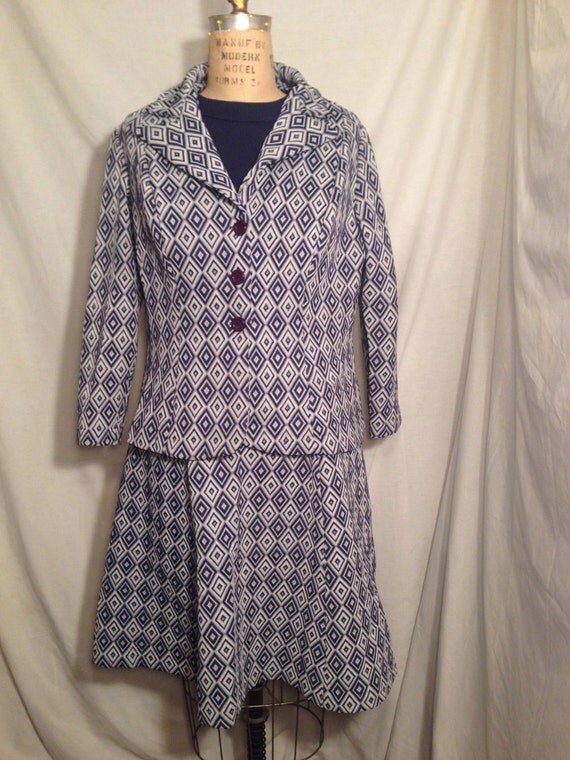 Vintage 80s Misses Blue and White Abstract Sleeveless Dress with Jacket t3