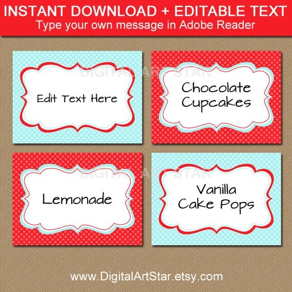 Printable Aqua &amp; Red DIY Food Labels Buffet Cards Tent