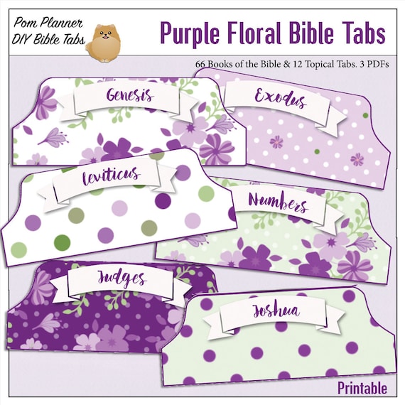 Purple Floral Bible Tabs 66 Books BOUNS: Topic & Blank Tabs