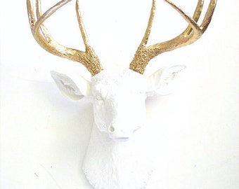 Deer Head White-Gold Faux Taxidermy Deer Head Animal Head Wall Mount hanging Home Decor: kids room office nursery decor / stag