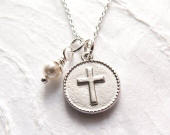 First Communion Gift, Cross Medallion Necklace, Cross with Pearl, Confirmation Gift for Girl, Religious Jewelry, Cross Necklace, Handmade